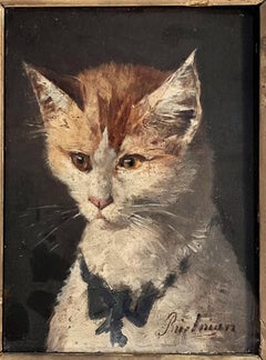 Antique Portrait of a Cat with Blue Bow and Portrait of a Bichon with a Bell.