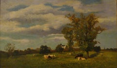 Vaches dans un paysage de printemps près d'un chateau - 19th Century Landscape