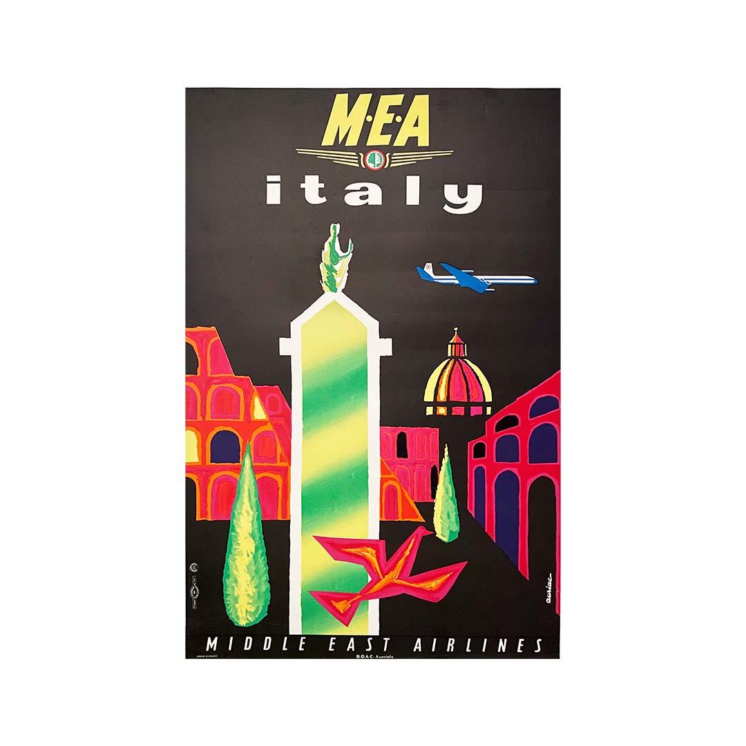The original poster created by Auriac for MEA (Middle East Airlines) and its trips to Italy is a remarkable work of art that embodies the spirit of adventure and discovery. Created in a distinctive artistic style, the poster highlights the charms