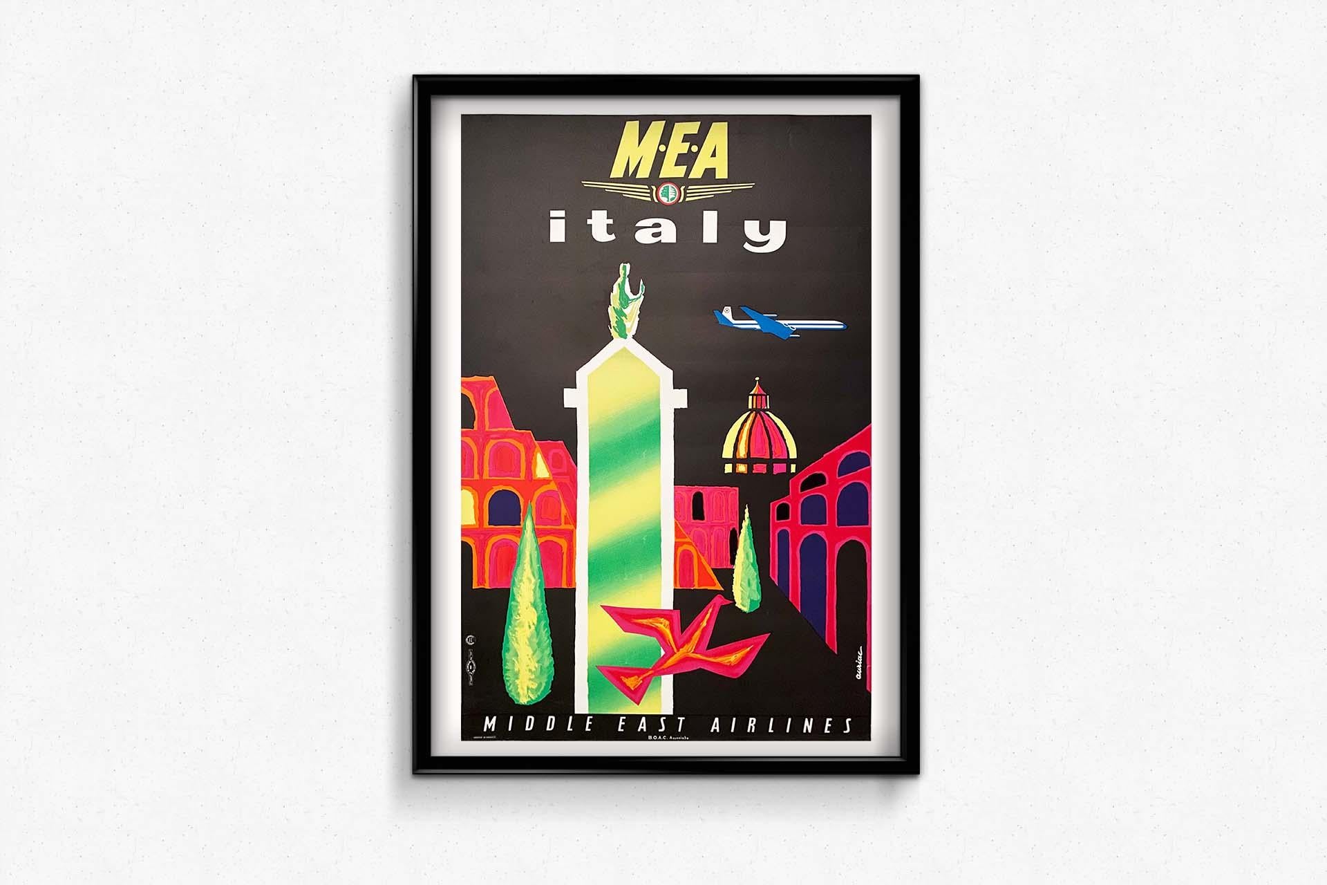  Circa 1950 original poster by Auriac for MEA (Middle East Airlines) to Italy For Sale 2