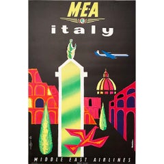 Retro  Circa 1950 original poster by Auriac for MEA (Middle East Airlines) to Italy