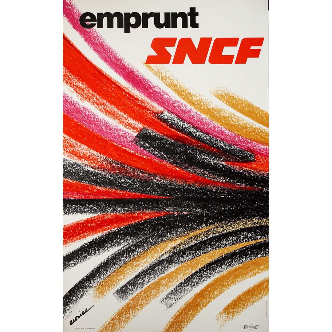 Das Plakat "Emprunt SNCF" von Jacques Auriac aus dem Jahr 1976 zeigt die Vitalität und Kühnheit des französischen Grafikdesigns der 1970er Jahre. Auriac, der für seine dynamischen Kompositionen und Werbeplakate bekannt ist, brachte Energie und