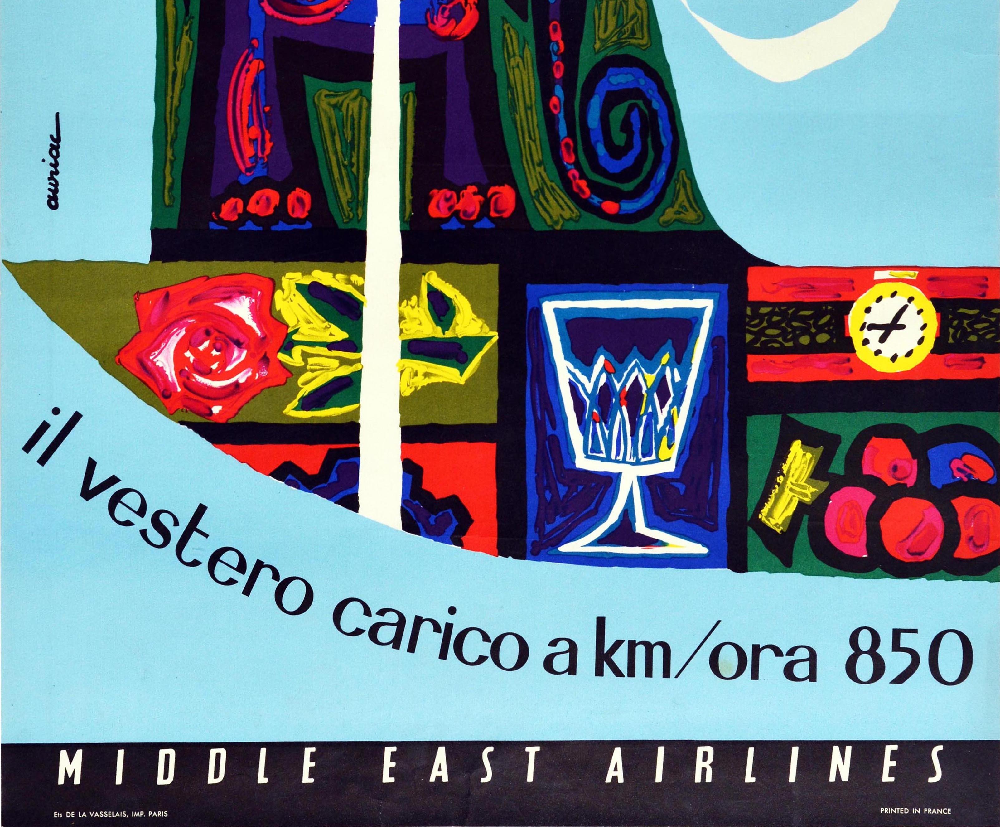 Original-Vintage-Werbeplakat Middle East Airlines MEA Cargoflugzeug 850 Meilen/h (Blau), Print, von Jacques Auriac