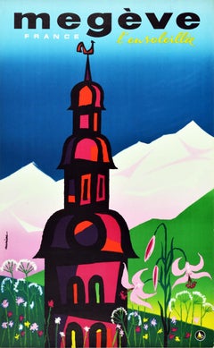 Original Retro Poster Sunny Megeve Mont Blanc France Ski Resort Spring Flowers