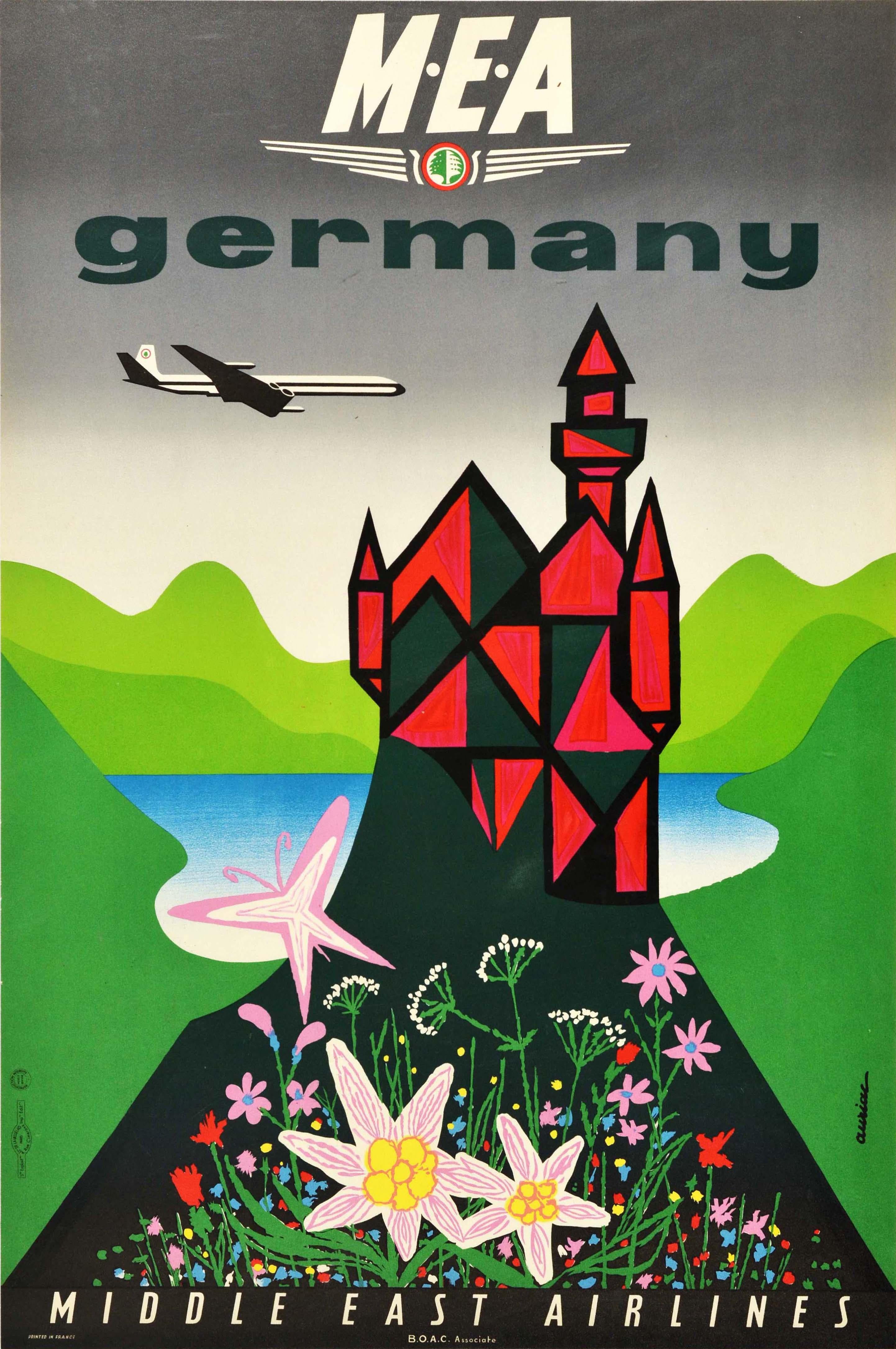 Jacques Auriac Print - Original Vintage Travel Poster Germany Middle East Airlines BOAC Mountains Lake