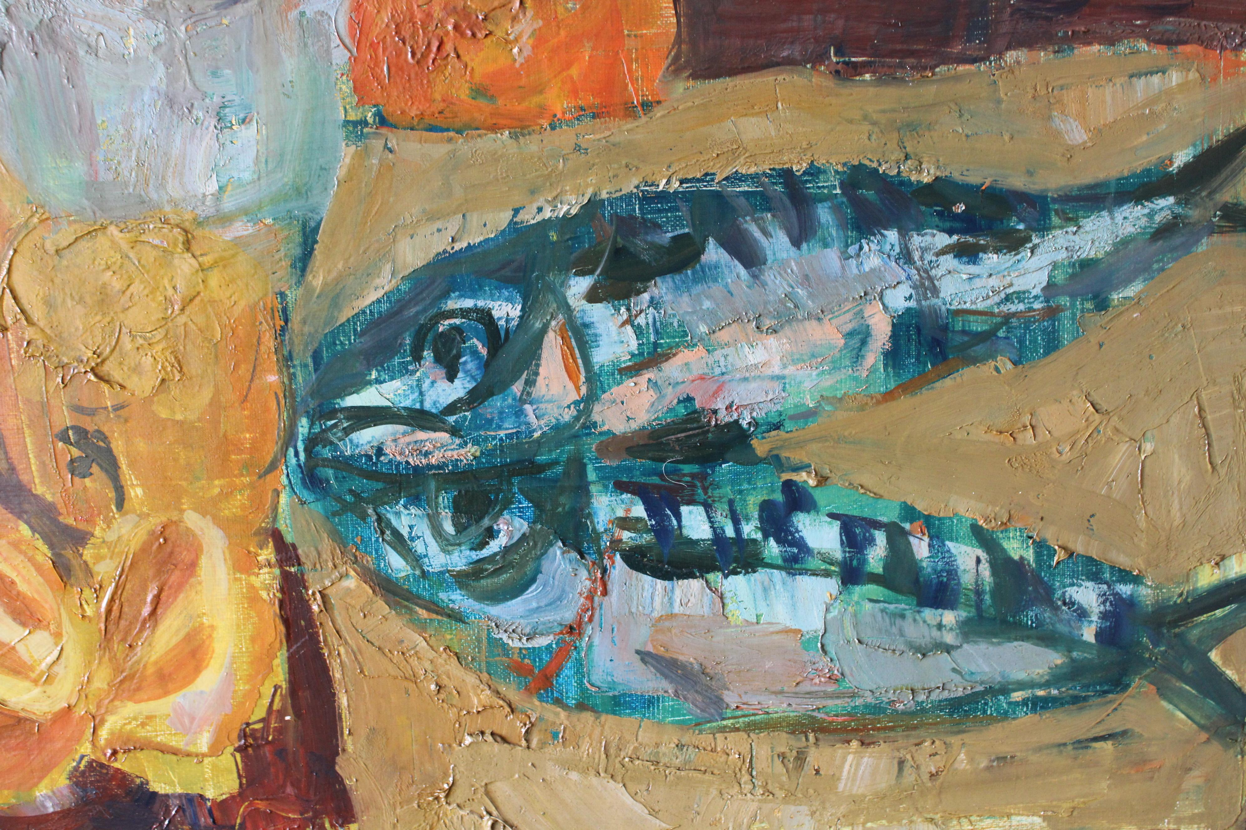 Vintage Stillleben von Fisch Mitte des Jahrhunderts post-impressionistischen Öl auf Leinwand Fisch im Angebot 5