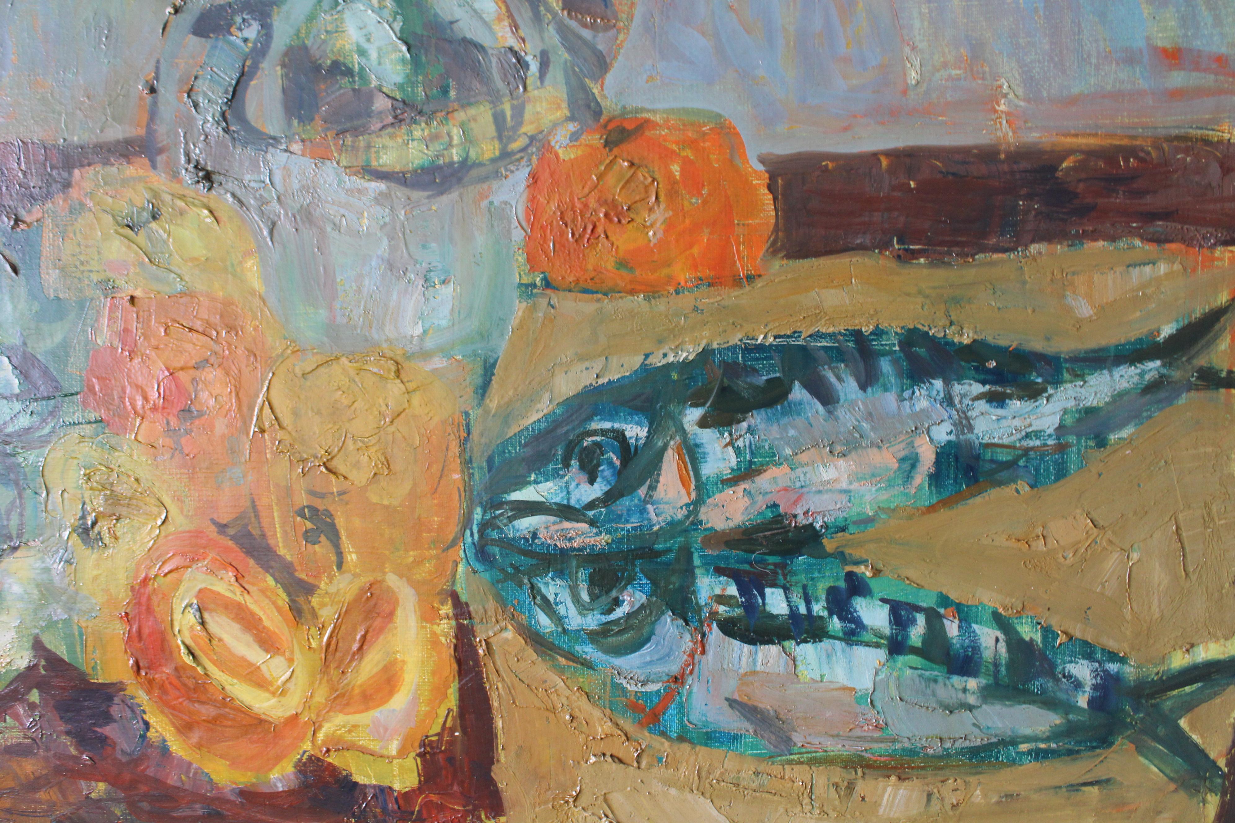 Vintage Stillleben von Fisch Mitte des Jahrhunderts post-impressionistischen Öl auf Leinwand Fisch – Painting von Jacques Barbacanne