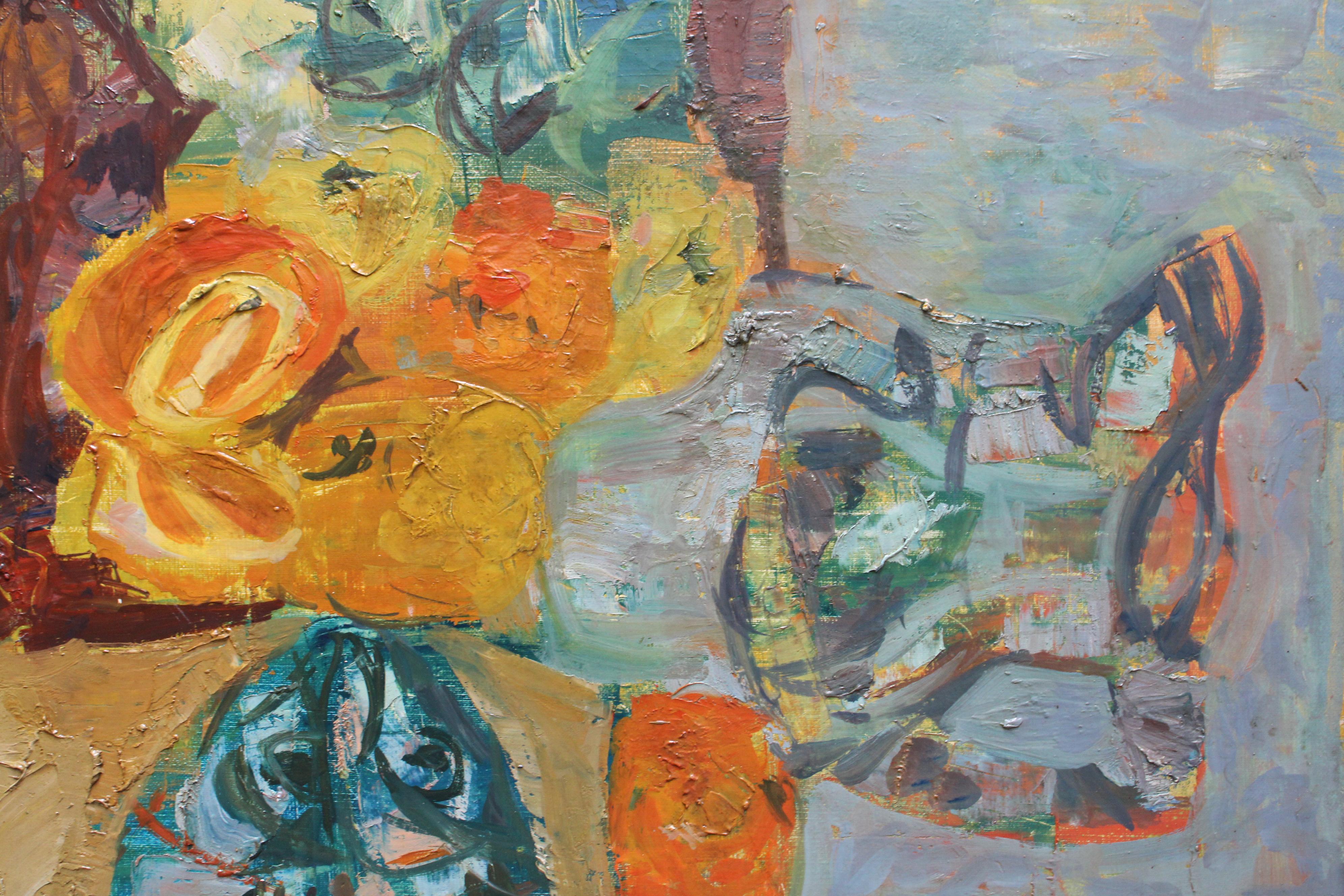 Großes postimpressionistisches Ölgemälde aus der Jahrhundertmitte mit Fisch, Krug und Gemüse.  Dieses große, imposante Gemälde ist signiert und datiert  in der linken unteren Ecke.  Der Künstler ist Jacques Barbacanne (geb. 1922) und das Datum