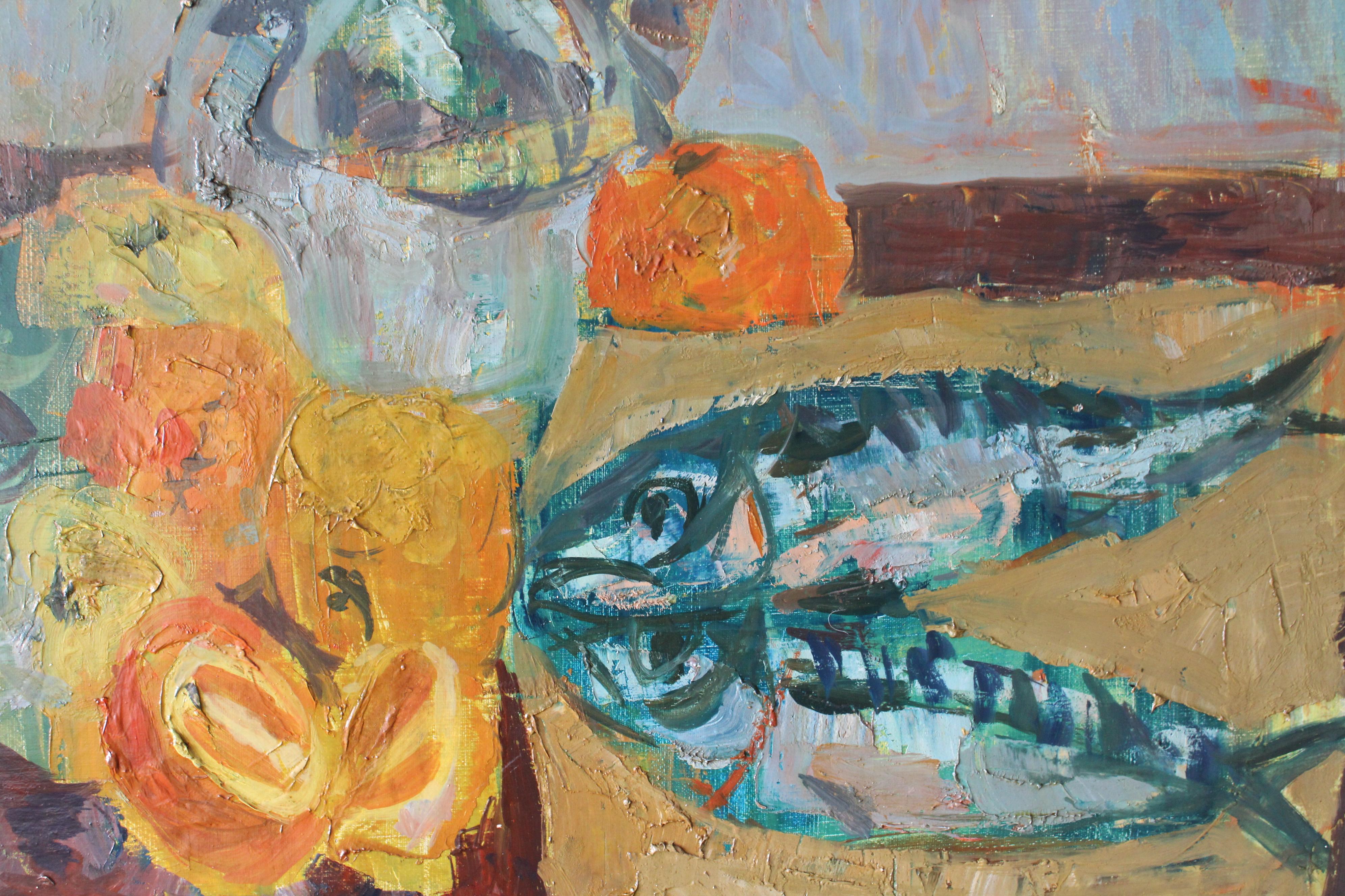 Vintage Stillleben von Fisch Mitte des Jahrhunderts post-impressionistischen Öl auf Leinwand Fisch im Angebot 1