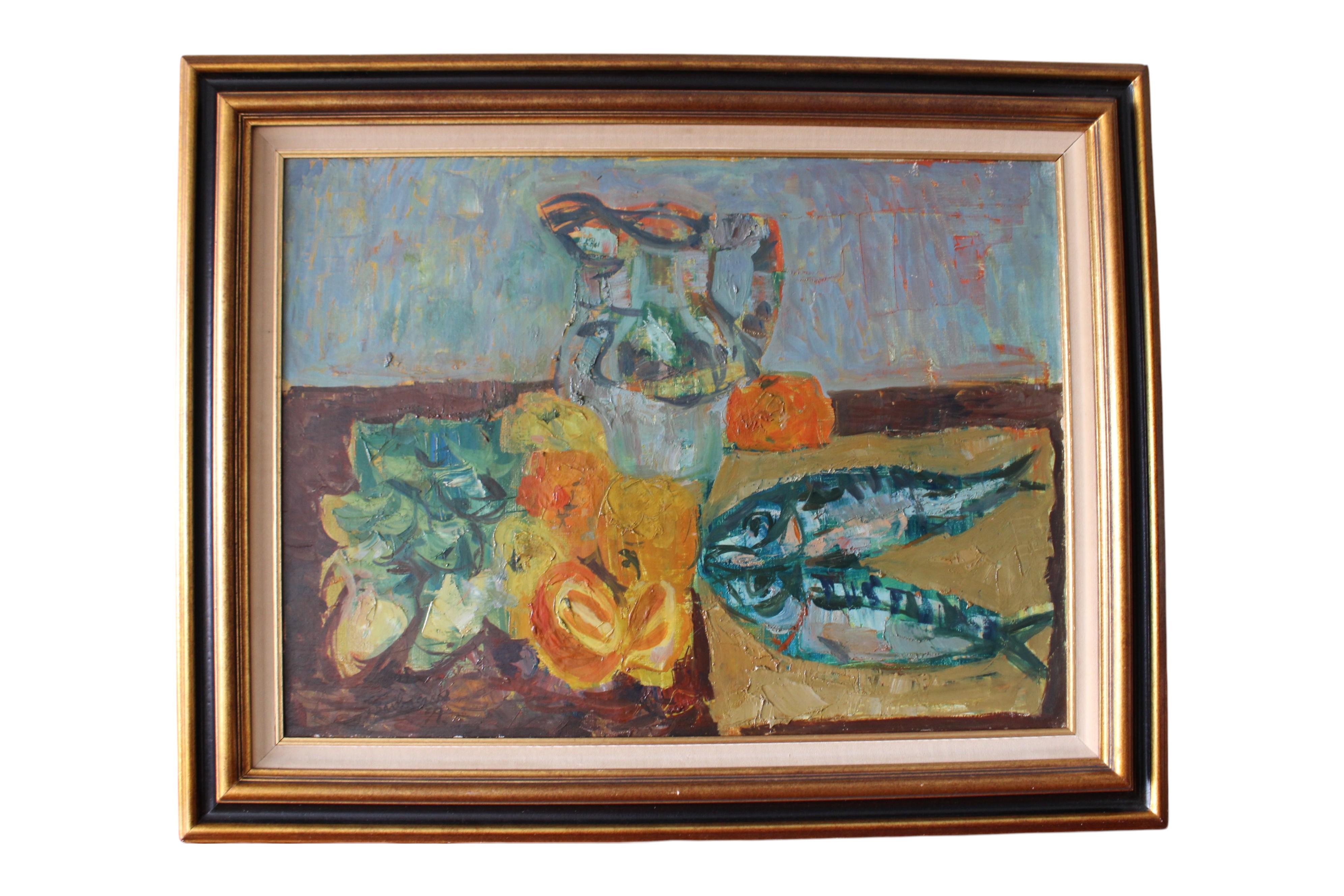 Jacques Barbacanne Still-Life Painting – Vintage Stillleben von Fisch Mitte des Jahrhunderts post-impressionistischen Öl auf Leinwand Fisch