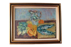 Natura morta di pesci d'epoca olio post-impressionista di metà secolo su tela pesce
