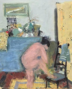 Nu la Commode:: peinture impressionniste du XXe siècle à l'huile sur toile d'un nu