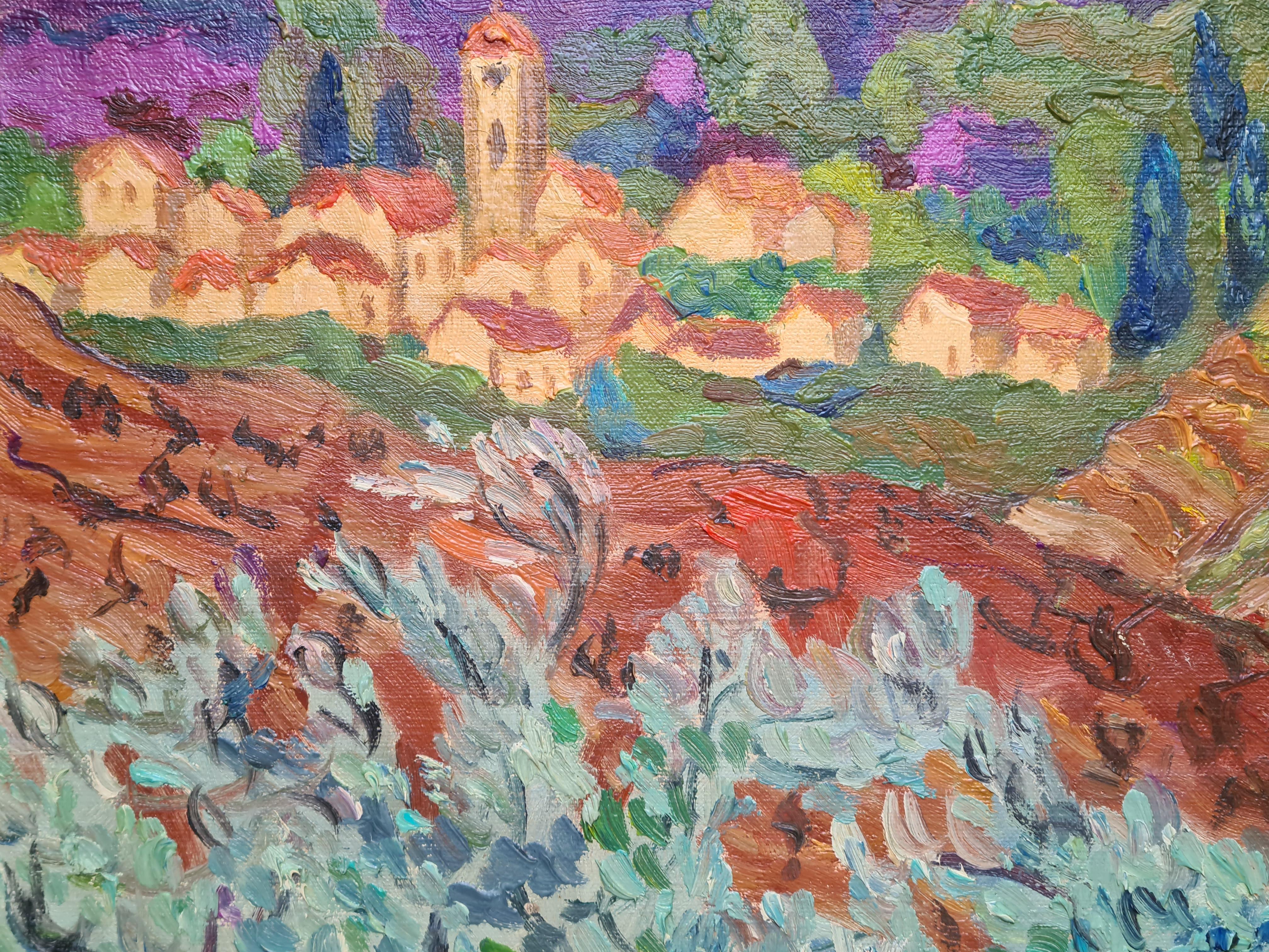 Paysage français post-impressionniste en huile sur toile de Jacques Begas. Signé en bas à droite, titré sur le châssis arrière et avec le numéro de l'exposition. Beau châssis avec des 