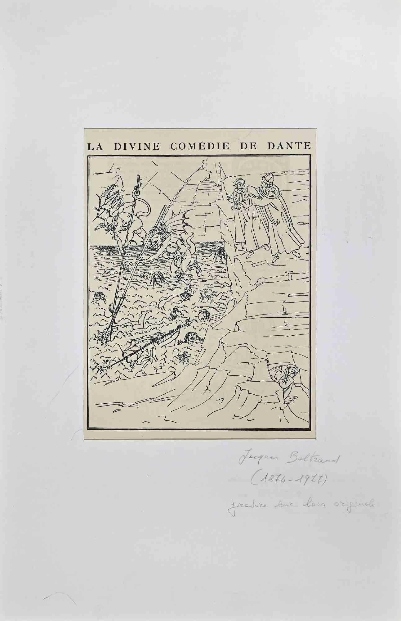 Figurative Print Jacques Beltrand - L'enfer de Dante - Gravure sur bois de J. Beltrand - Début du 20e siècle