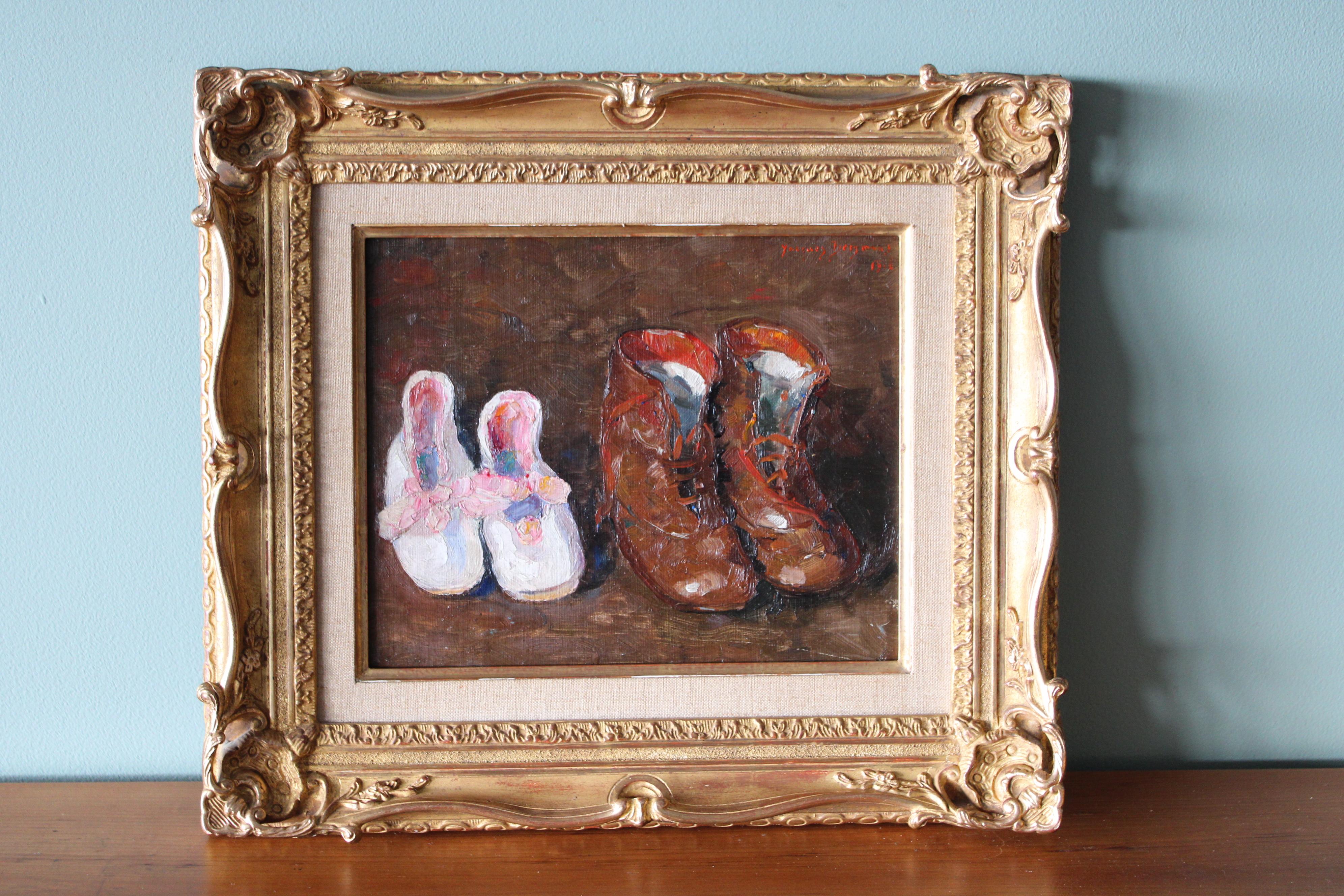 Antikes Stillleben mit Schuhen, Schuhmalerei, impressionistische Schuhe, Stiefelmalerei – Painting von Jaques Bergmans