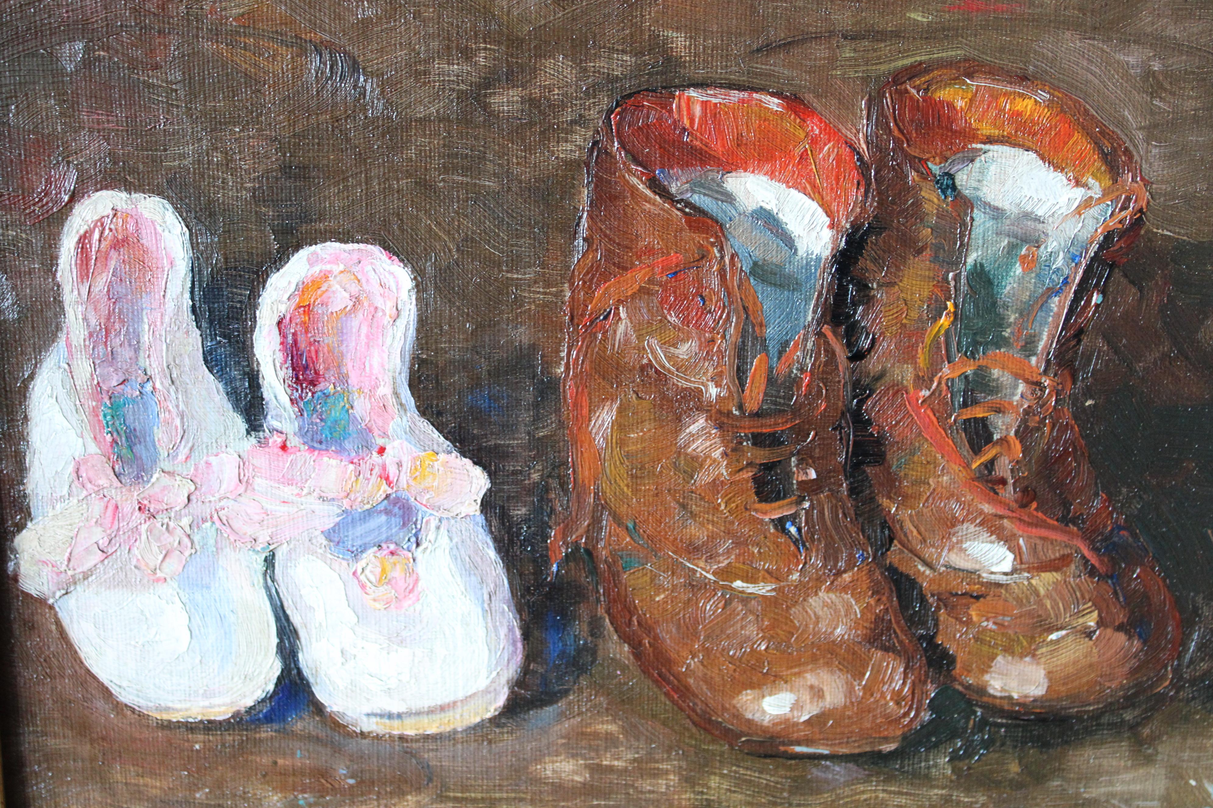 Antique Still Life of shoes, shoes painting, impressionist shoes, boots painting - Brown Still-Life Painting by Jaques Bergmans