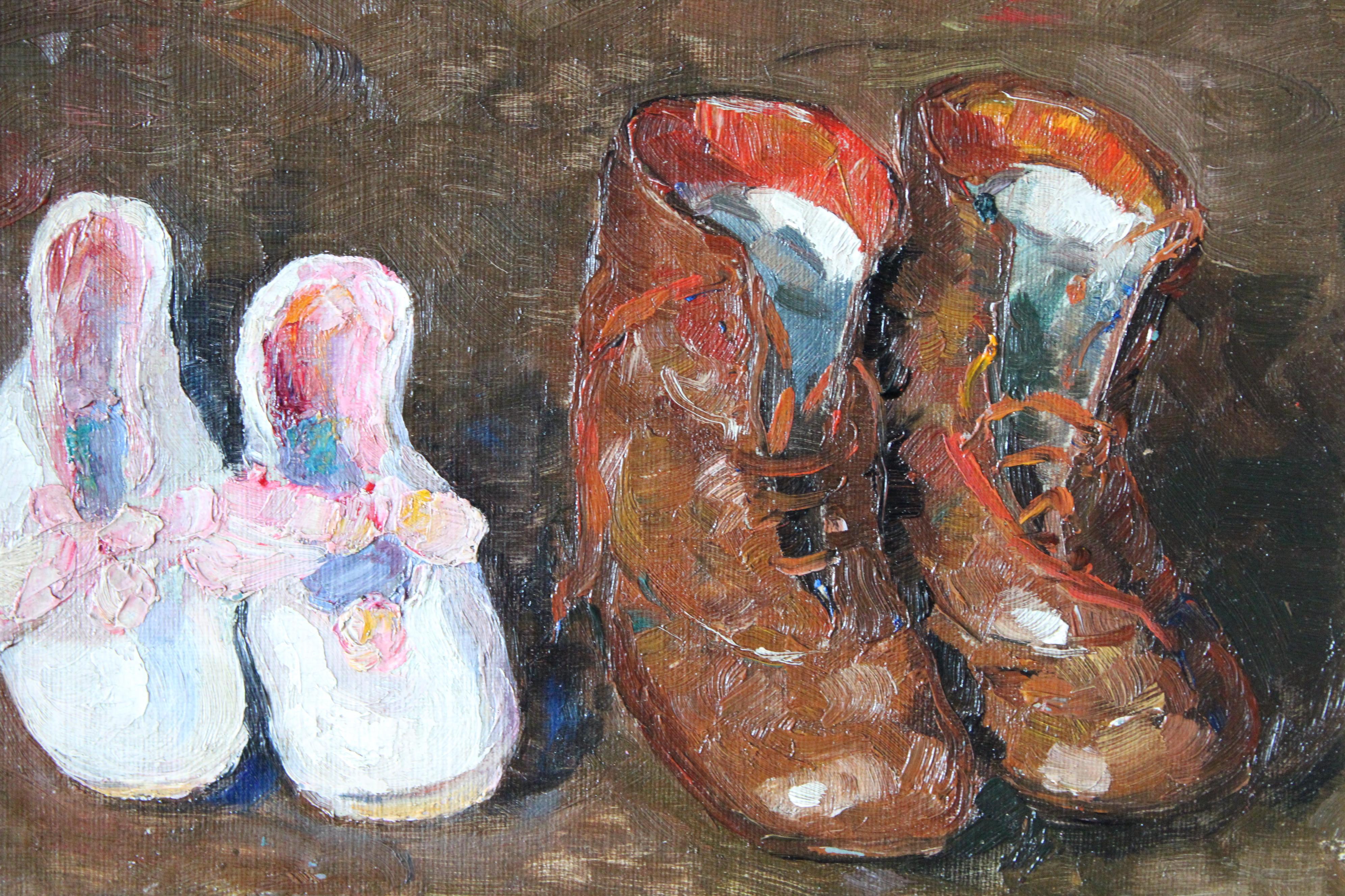 Delightful and quite unusual post impressionist vintage oil painting of children's shoes by Belgium artist, Jacques Bermans, signed in the top right and dated 1916.  This post-impressionist painting is quite textured to the touch with big swirly