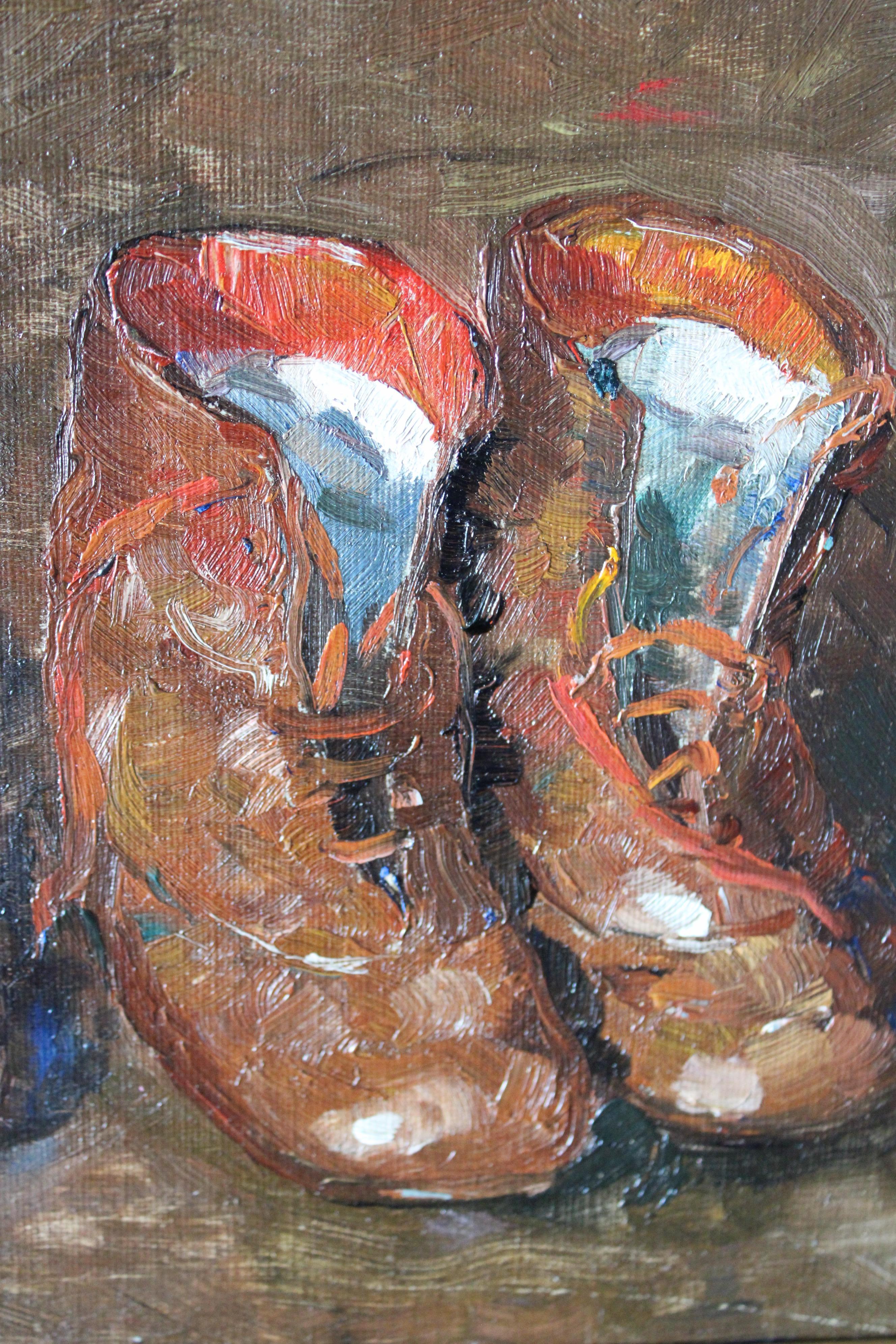 Antikes Stillleben mit Schuhen, Schuhmalerei, impressionistische Schuhe, Stiefelmalerei im Angebot 1
