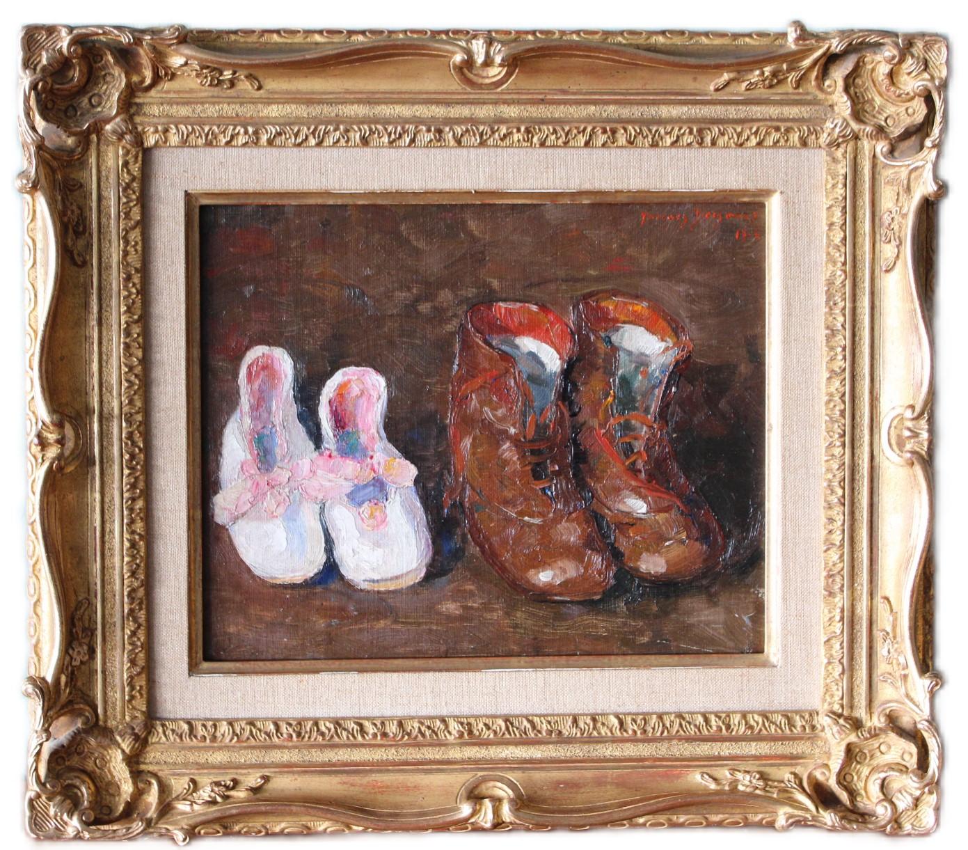 Jaques Bergmans Still-Life Painting - Antique Still Life of shoes, shoes painting, impressionist shoes, boots painting