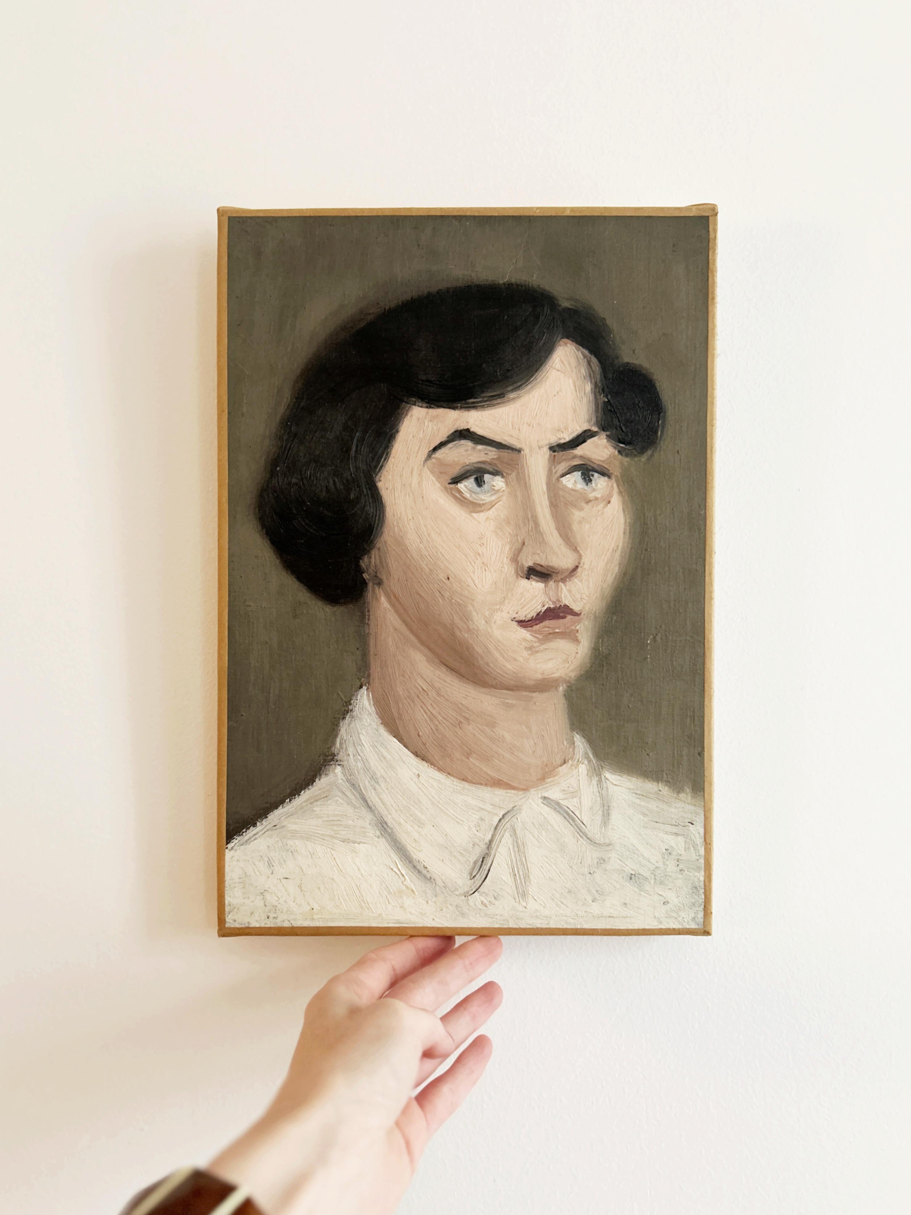 Ritratto di donna, 1950 circa, olio su tela - Portrait Painting Beige di Jacques Berland