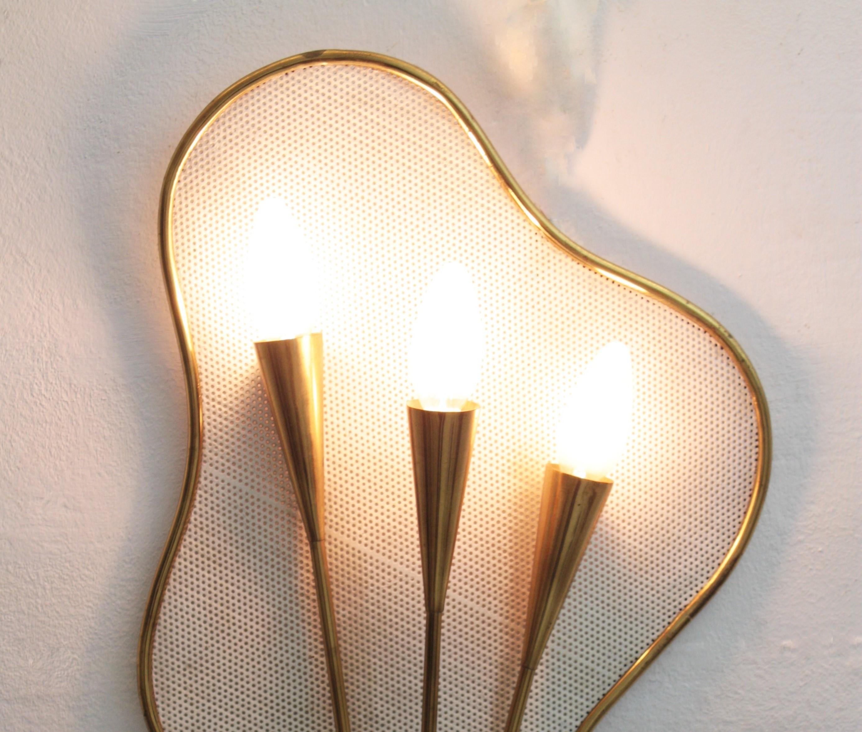Jacques Biny French Modernist Perforated Metal and Brass Wall Sconce 6