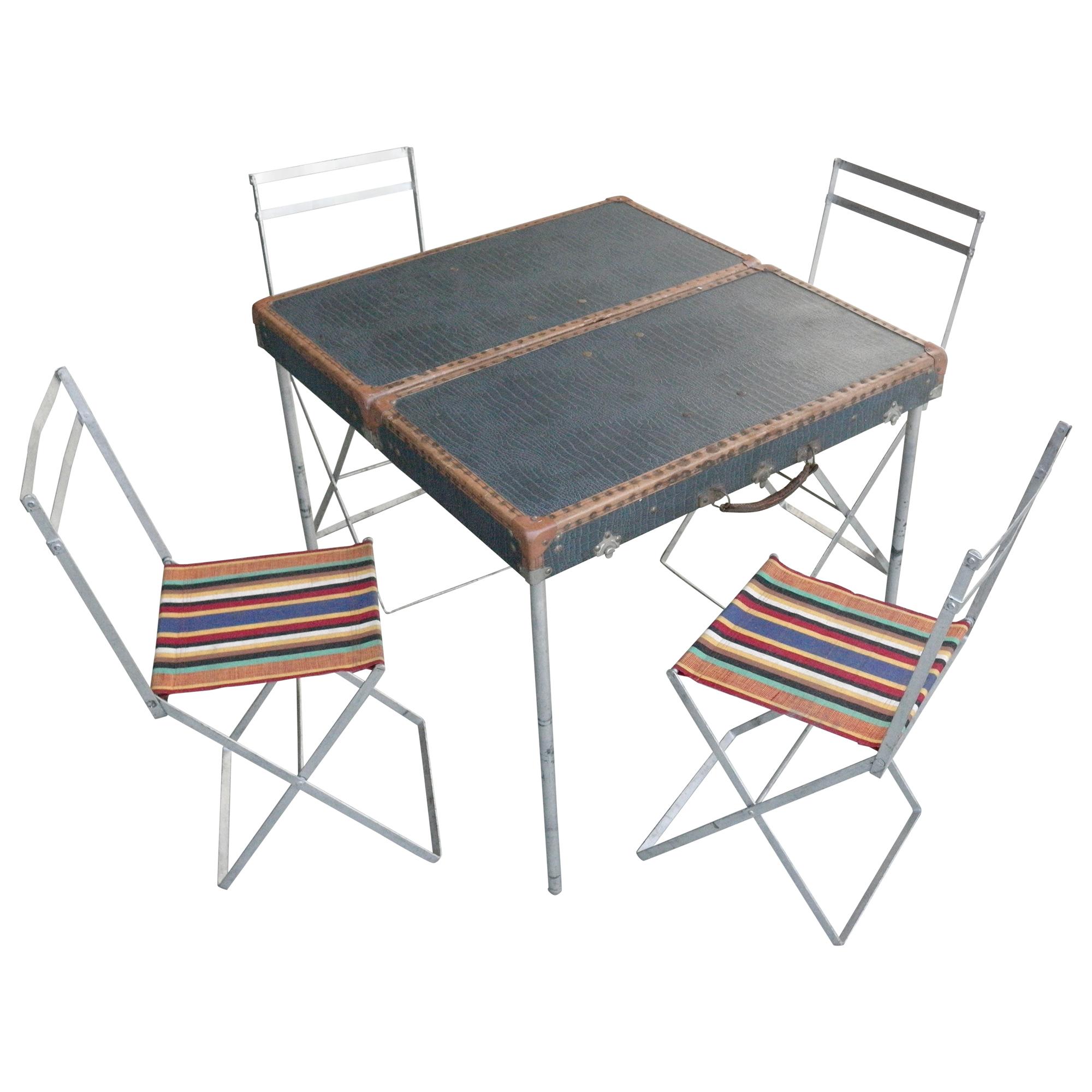 Jacques Biny Picnic Table and Chairs in Suitcase France 1950s by Kiss Ply