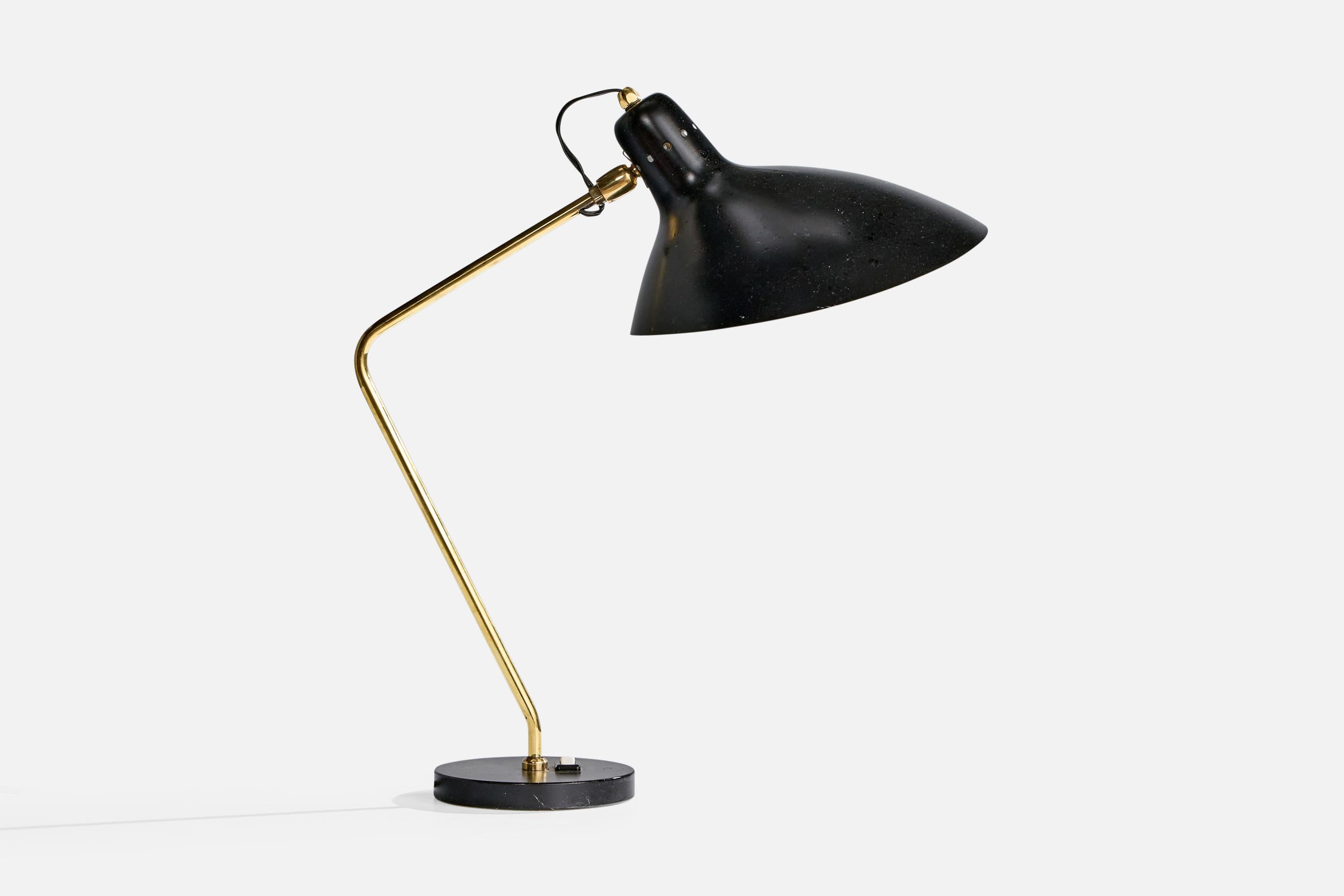 A brass and black-painted metal table lamp designed by Jacques Biny and produced by Luminalite, France, c. 1950s

Light oxidation present to brass. 

Warping present to lampshade.

Wear to metal consistent with age and use

Shade is adjustable;