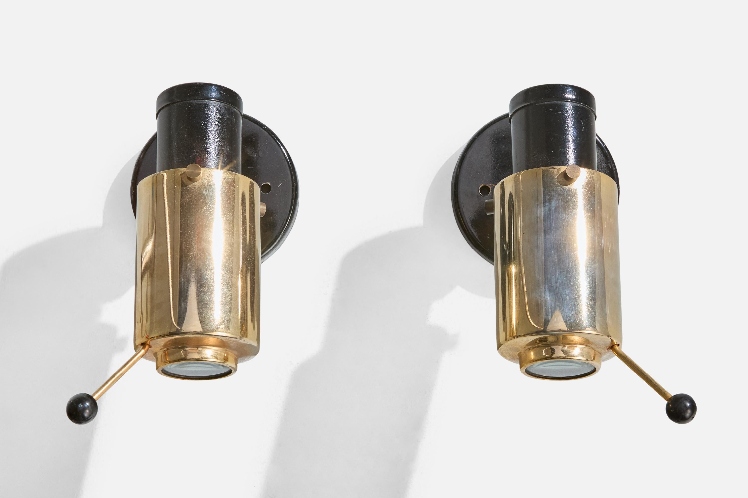 Mid-Century Modern Jacques Biny, Wall Lights, Brass, Metal, Glass, France, 1950s For Sale