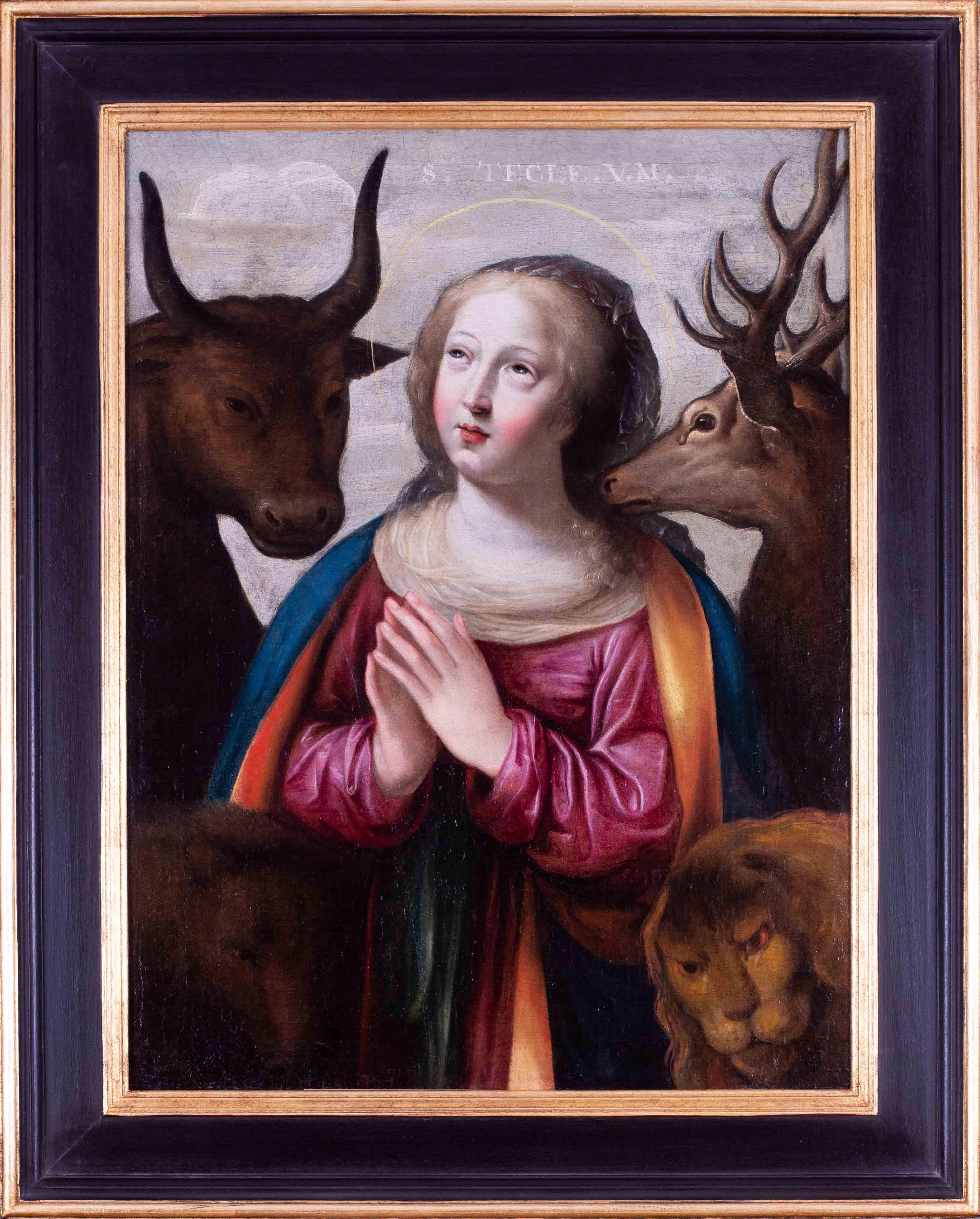 Jacques Blanchard  Animal Painting - 17th Century French oil painting of St. Tecle and her menagerie, religious