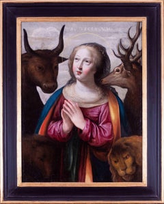 17th Century French oil painting of St. Tecle and her menagerie, religious