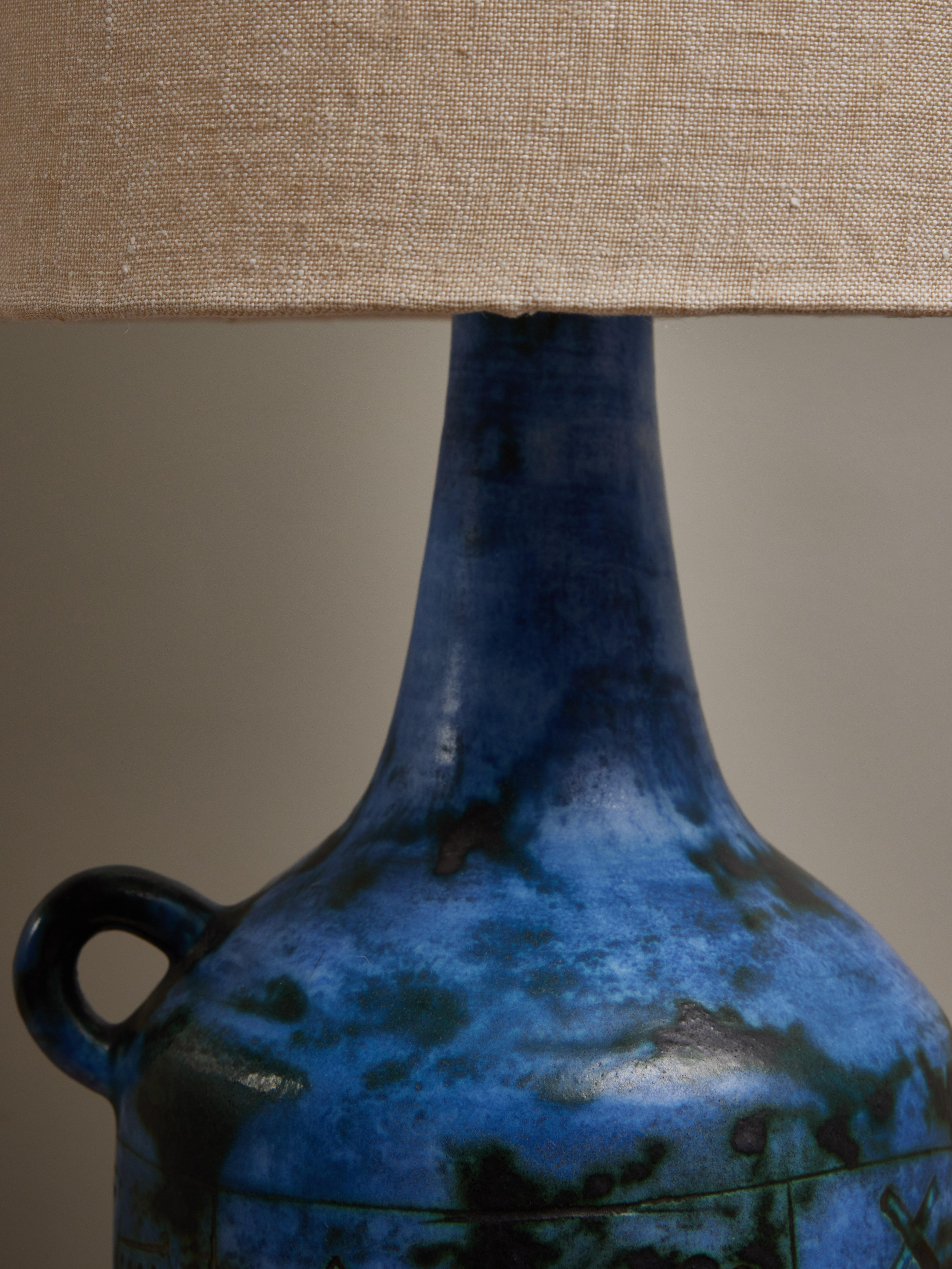 Mid-20th Century Jacques Blin Blue Ceramic Table Lamp For Sale