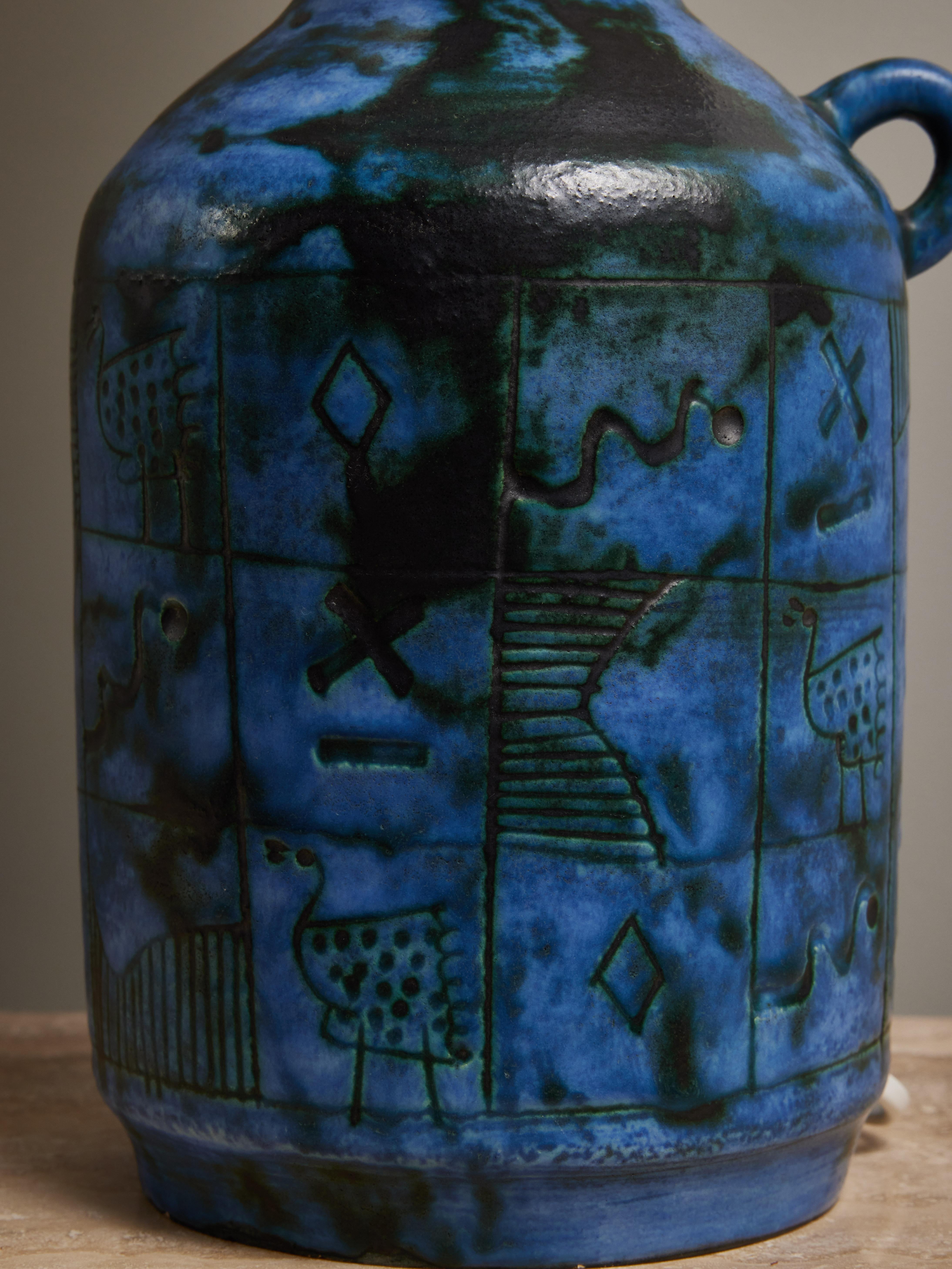 Céramique Lampe de table en céramique bleue Jacques Blin en vente