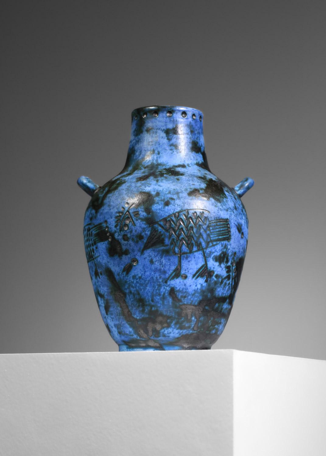 Mid-Century Modern Jacques Blin blue French ceramic vase birds 60's midcentury - I535 For Sale