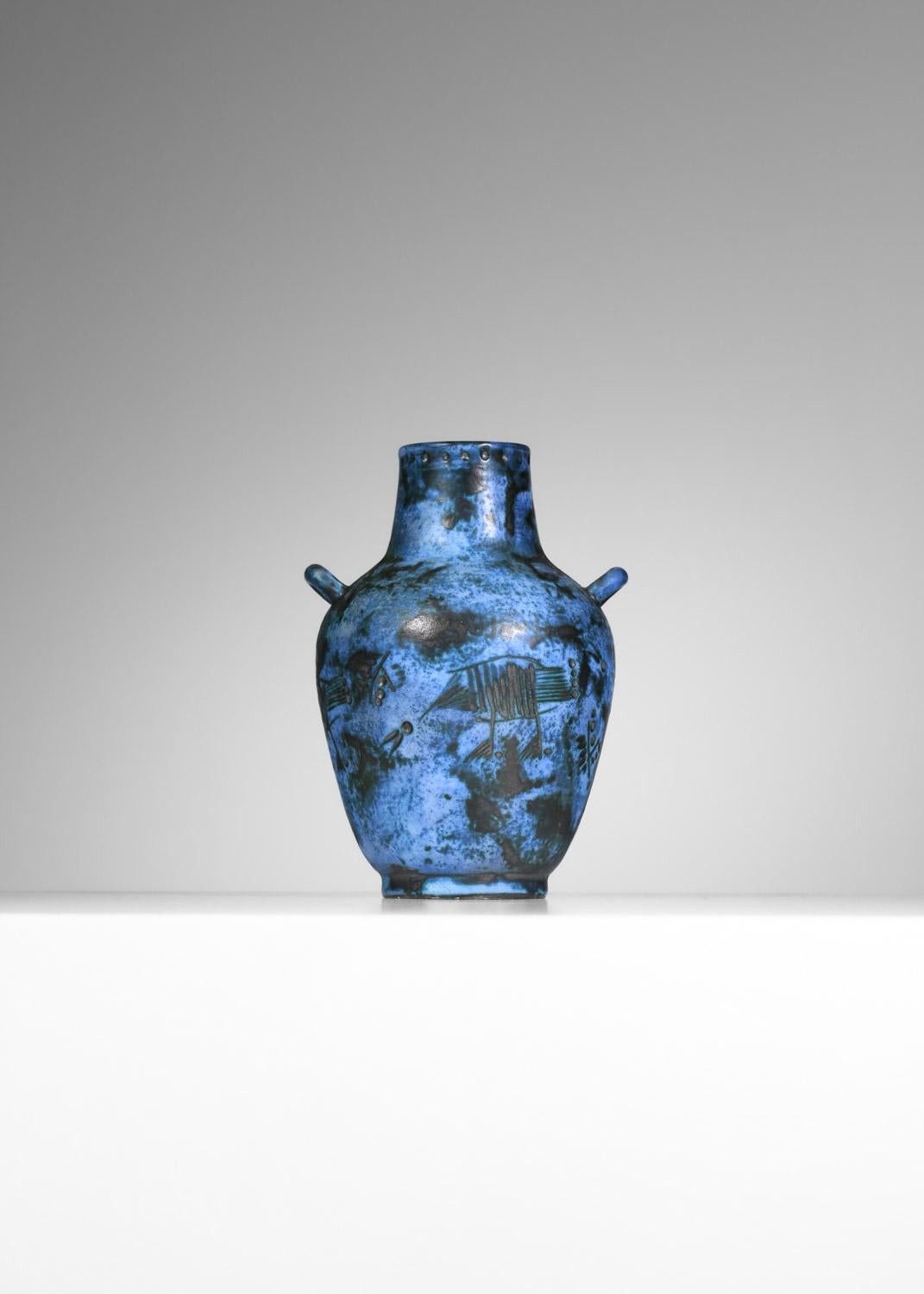 Hand-Crafted Jacques Blin blue French ceramic vase birds 60's midcentury - I535 For Sale