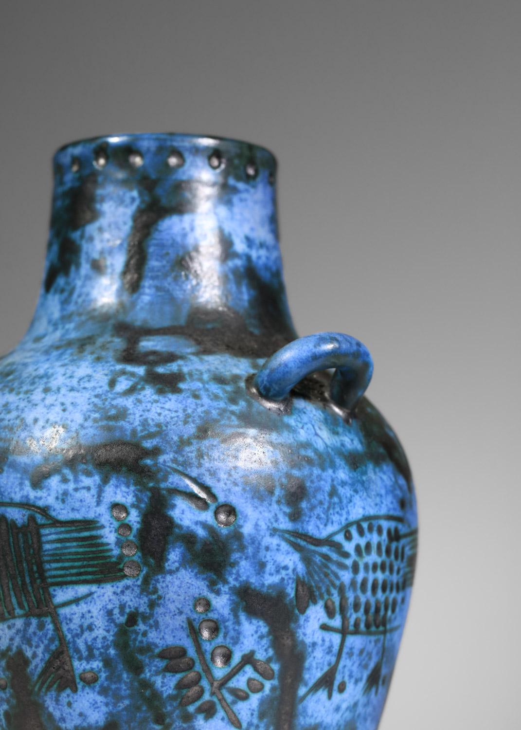 Jacques Blin blue French ceramic vase birds 60's midcentury - I535 In Good Condition For Sale In Ternay, Auvergne-Rhône-Alpes