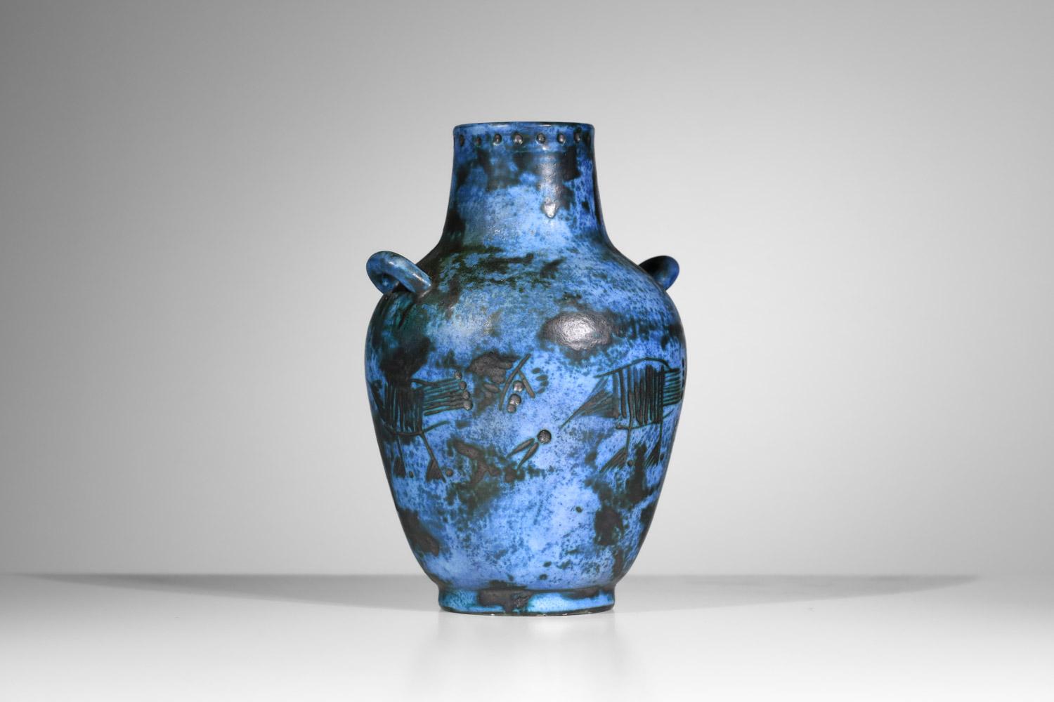 Mid-20th Century Jacques Blin blue French ceramic vase birds 60's midcentury - I535 For Sale