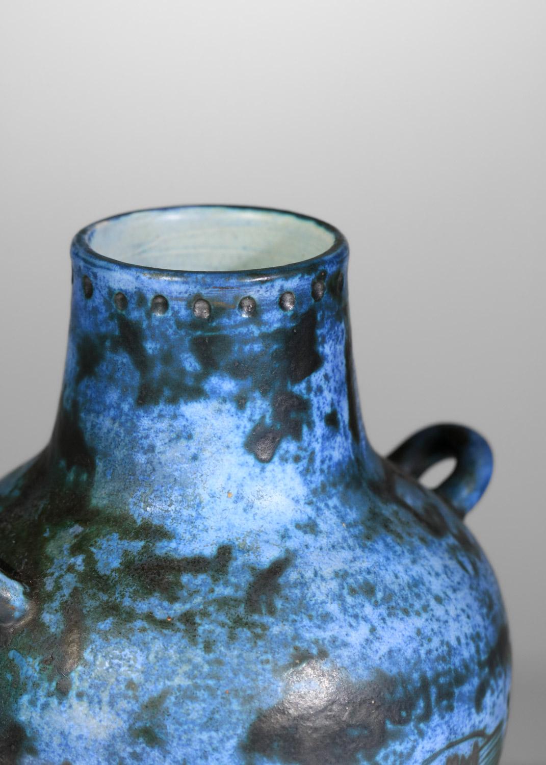 Ceramic Jacques Blin blue French ceramic vase birds 60's midcentury - I535 For Sale