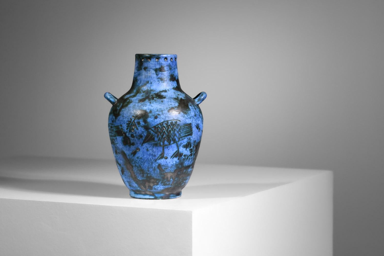 Jacques Blin blue French ceramic vase birds 60's midcentury - I535 For Sale 1