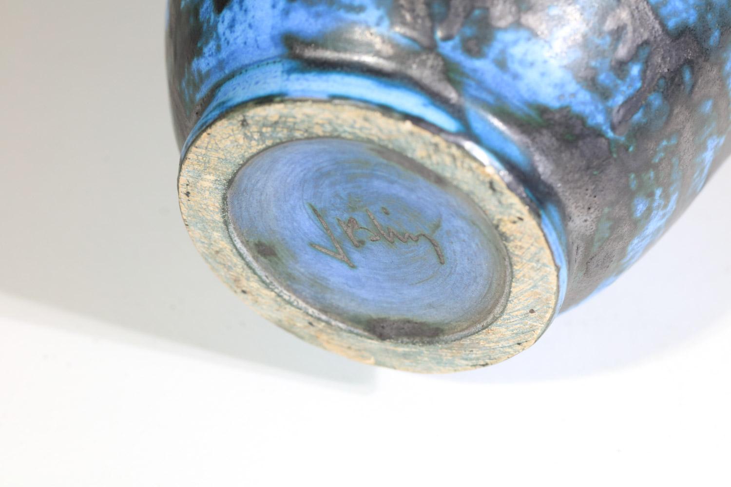 Jacques Blin blue French ceramic vase birds 60's midcentury - I535 For Sale 2