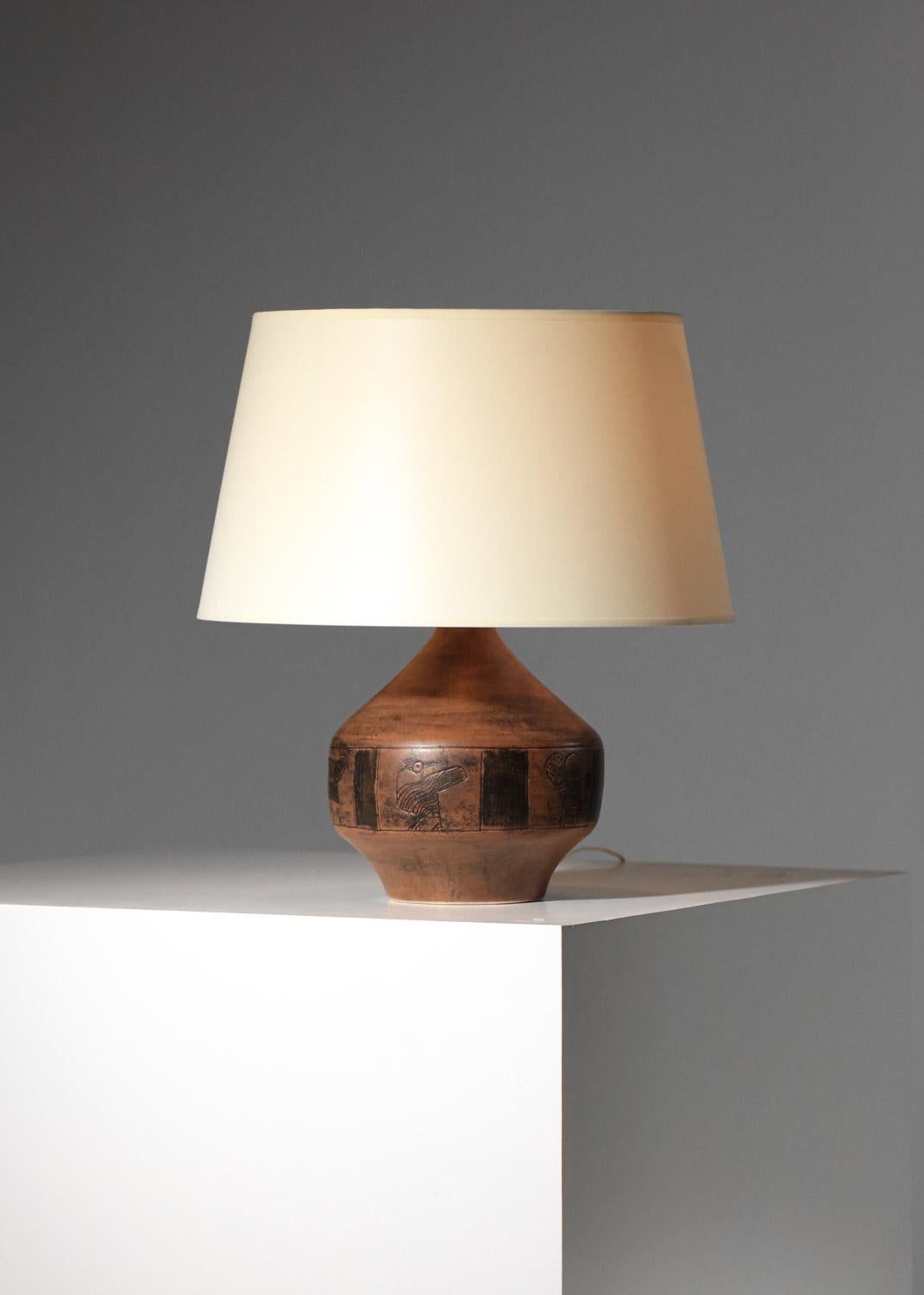 Mid-Century Modern Jacques blin brown ceramic lamp with bird design  