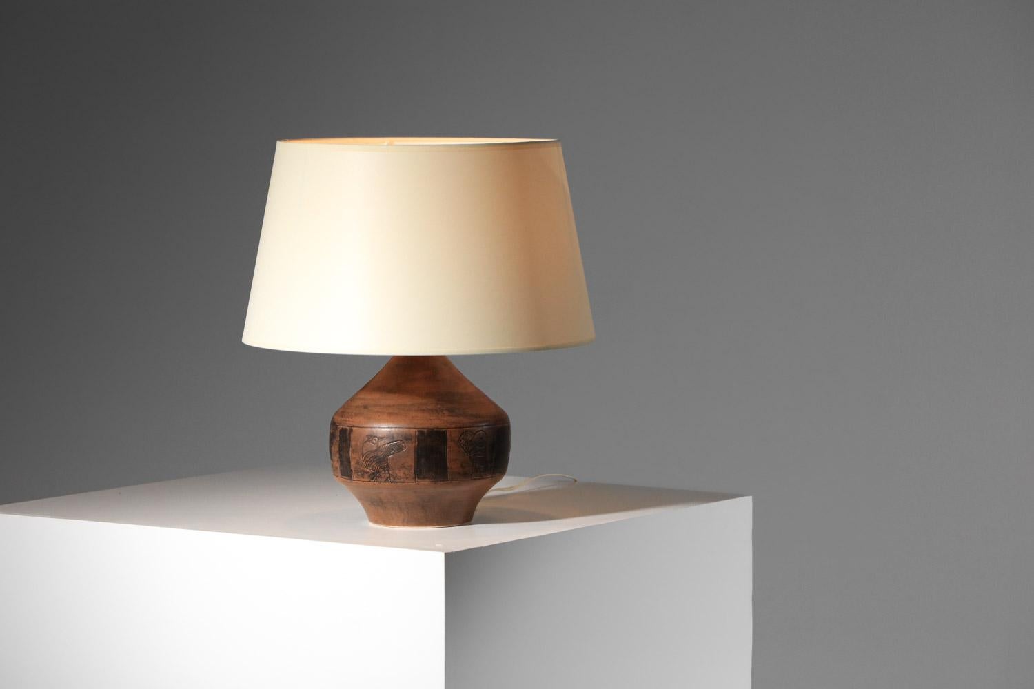 Hand-Crafted Jacques blin brown ceramic lamp with bird design  