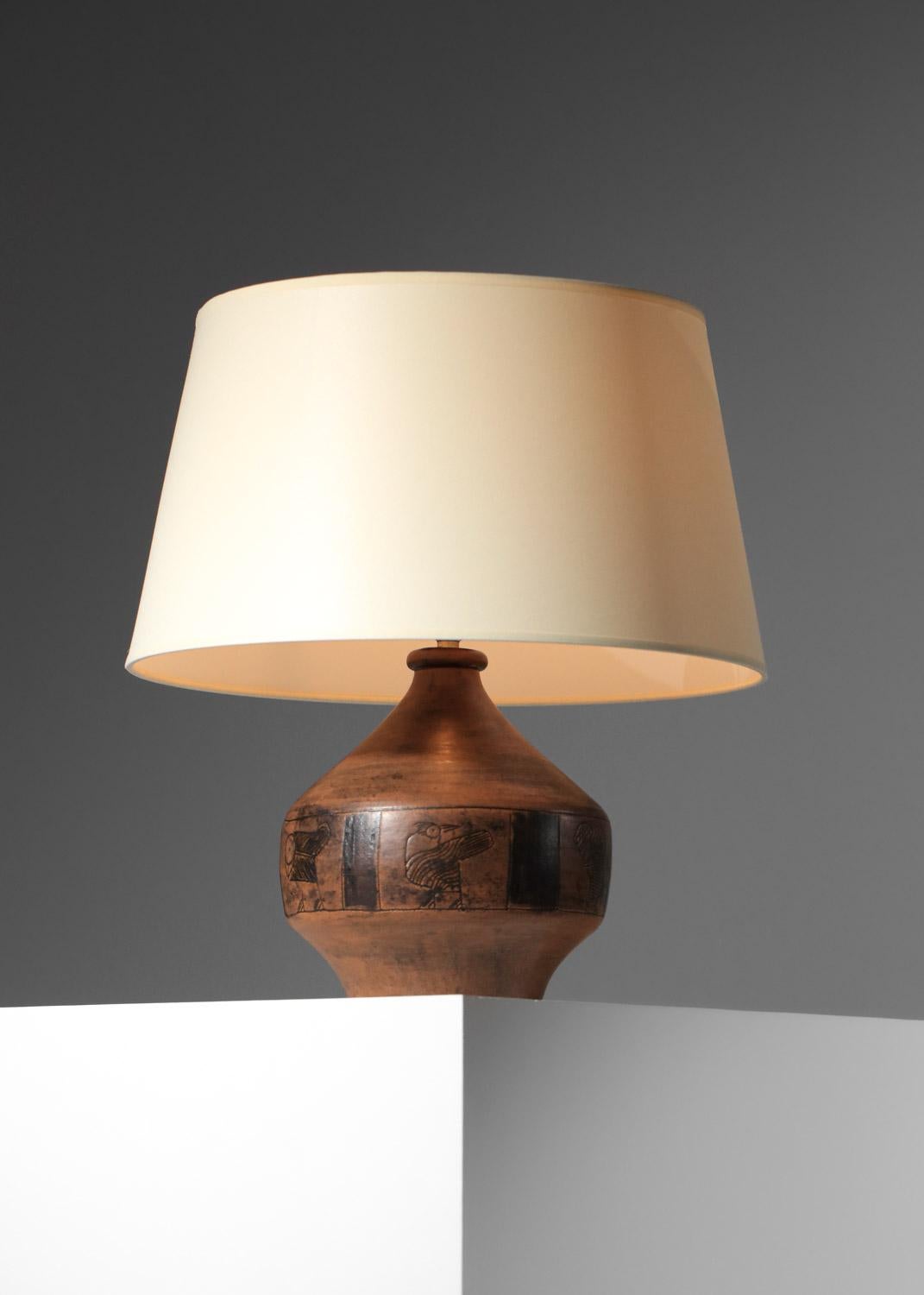 Mid-20th Century Jacques blin brown ceramic lamp with bird design  