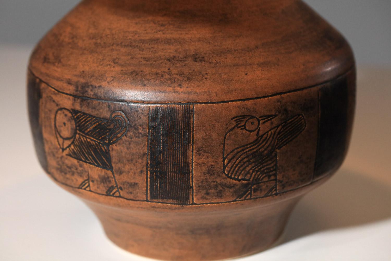 Jacques blin brown ceramic lamp with bird design   1