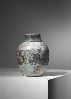 Jacques Blin ceramic vase from the 50's with blue enamelled birds