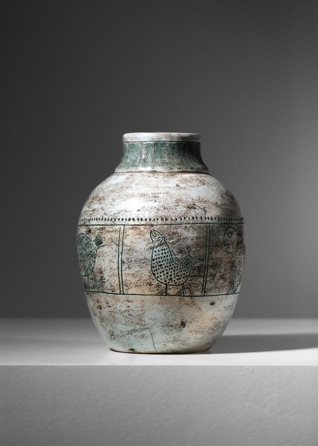 Vaso in ceramica Jacques Blin degli anni '50 con uccelli smaltati in blu In condizioni buone in vendita a Ternay, Auvergne-Rhône-Alpes