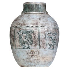 Vaso in ceramica Jacques Blin degli anni '50 con uccelli smaltati in blu