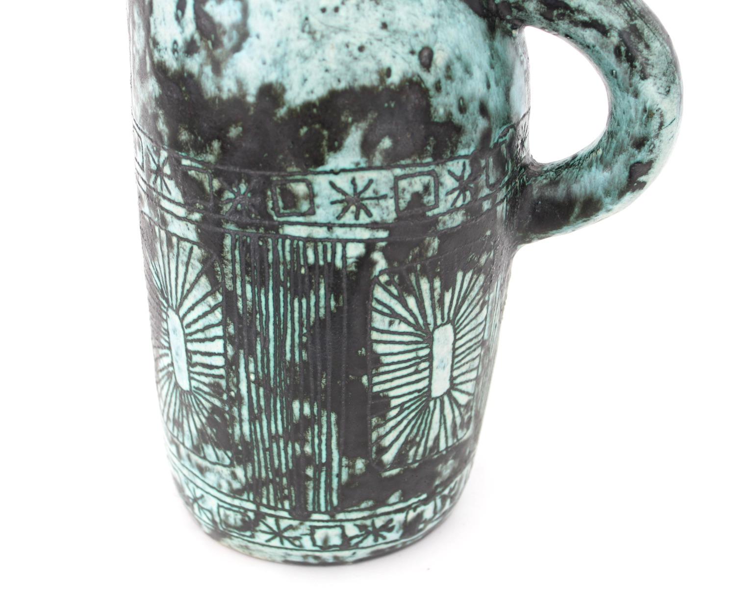 Jacques Blin French Ceramic Artist Pitcher With Iconic Blue Glaze and Decoration For Sale 6