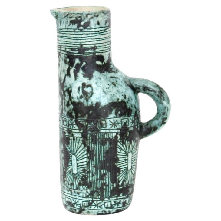 Jacques Blin French Ceramic Artist Pitcher With Iconic Blue Glaze and Decoration For Sale