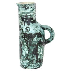 Jacques Blin French Ceramic Artist Pitcher With Iconic Blue Glaze and Decoration