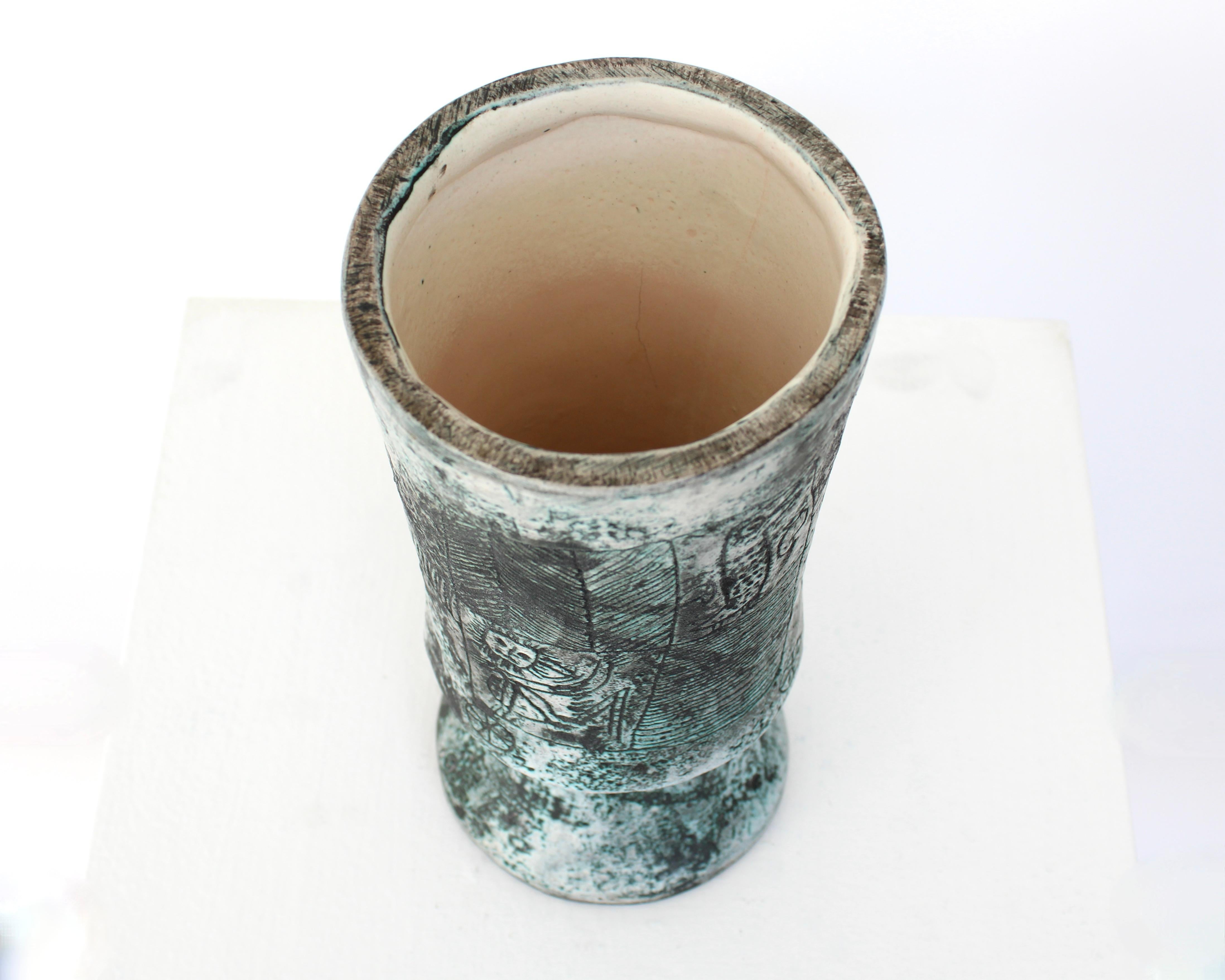 Jacques Blin Französische Keramik Türkisblaue Sgraffito Chalice-Vase aus Keramik im Angebot 5